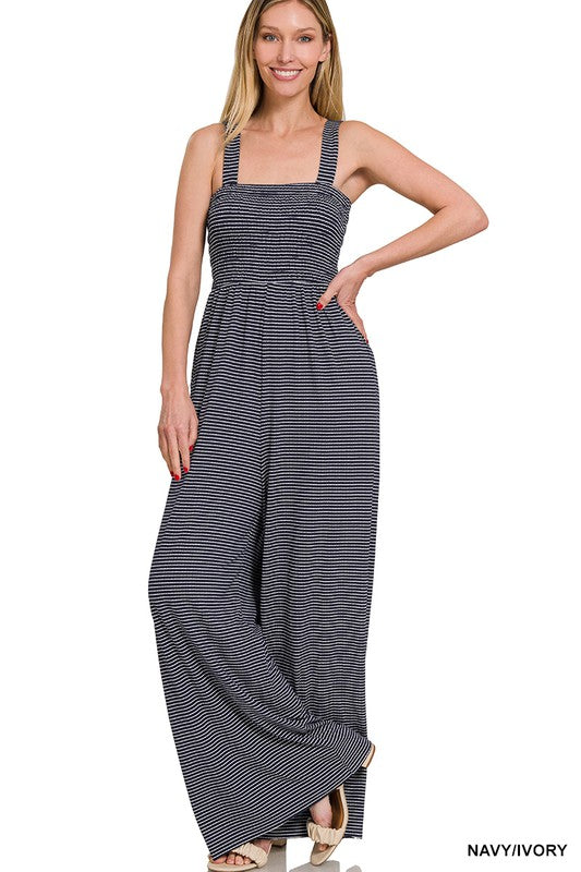 SMOCKED TOP STRIPED JUMPSUIT