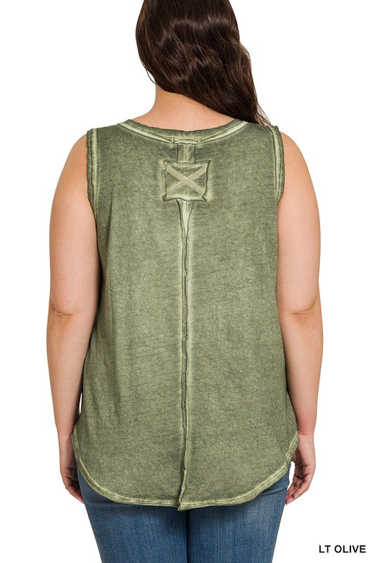 PLUS WASHED RAW EDGE V-NECK TANK TOP
