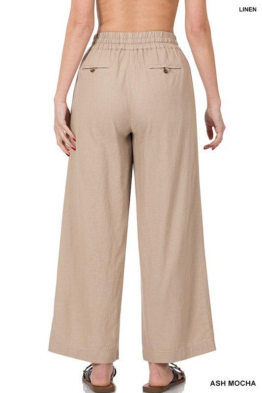 LINEN DRAWSTRING-WAIST PANTS WITH POCKETS - Free Rein on Main
