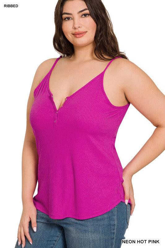 PLUS RIBBED HALF SNAP BUTTON CLOSURE CAMI TOP - Free Rein on Main