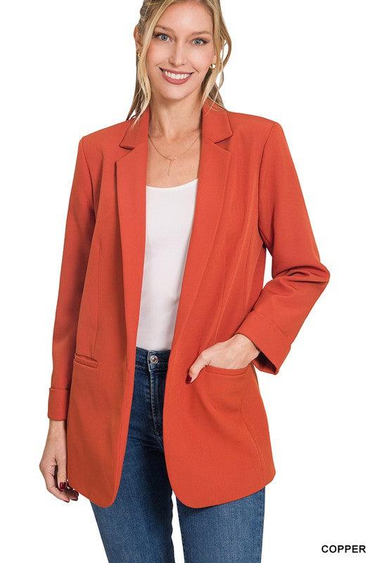 WOVEN LONG SLEEVE OPEN FRONT CLASSIC BLAZER - Free Rein on Main