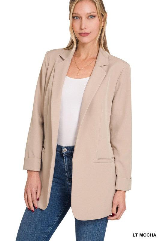 WOVEN LONG SLEEVE OPEN FRONT CLASSIC BLAZER - Free Rein on Main