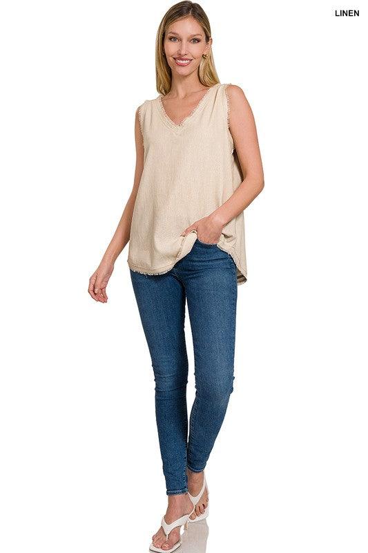 LINEN PRE-WASHED FRAYED EDGE V-NECK SLEEVELESS TOP - Free Rein on Main