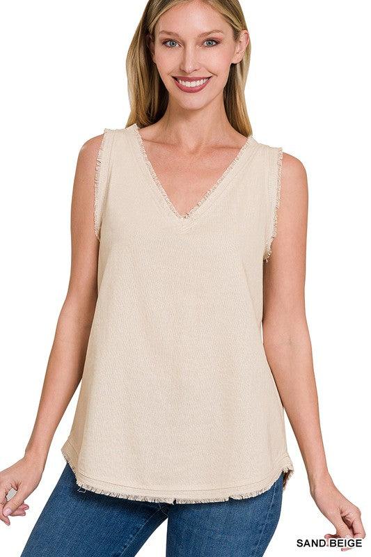 LINEN PRE-WASHED FRAYED EDGE V-NECK SLEEVELESS TOP - Free Rein on Main
