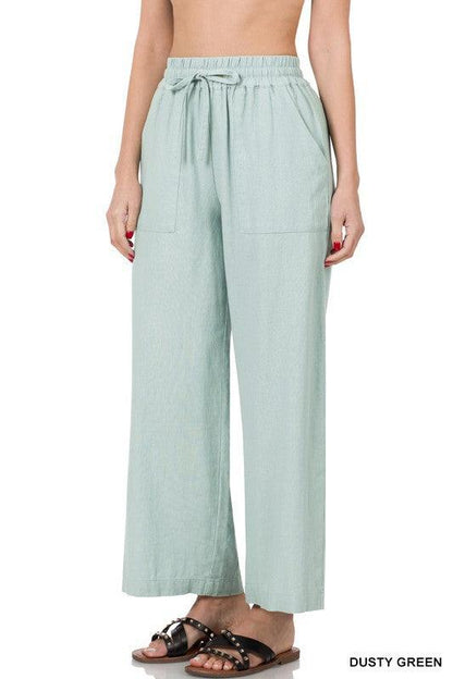LINEN DRAWSTRING-WAIST PANTS WITH POCKETS - Free Rein on Main